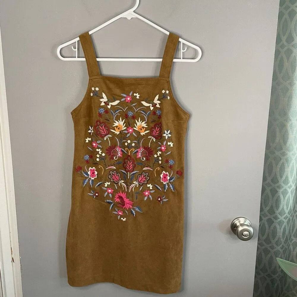 Abercrombie and Fitch Womens 00 Faux Suede Floral Embroidered Boho Dress 90s Y2K
